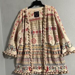 Johnny Was Bohemian Cream Multicolor Embroidered Sweater NWOT